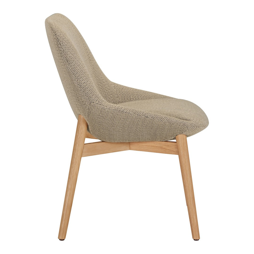 Beige upholstered chair with a textured pattern and light wooden legs. Stylish and modern design for contemporary decor.