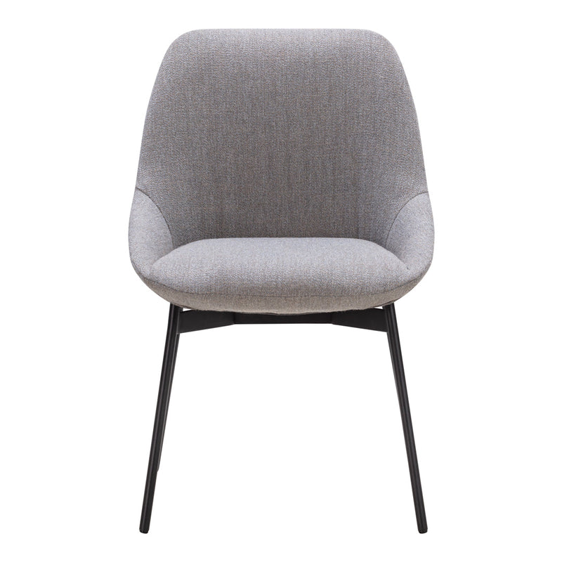 Stylish gray upholstered chair with smooth surface and sleek black legs, ideal for modern decor.