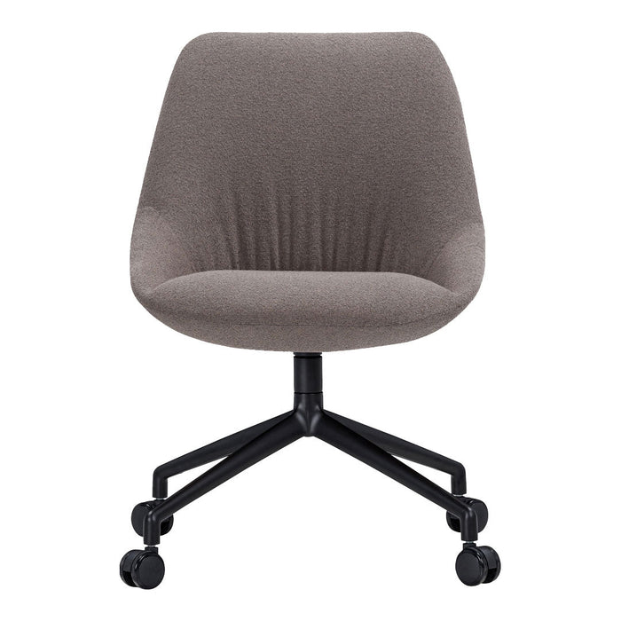 Modern gray upholstered office chair with subtle texture, featuring a sleek black base and rolling casters.