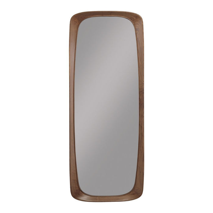 Rectangular wall mirror with a smooth silver reflective surface and a warm brown wood frame.