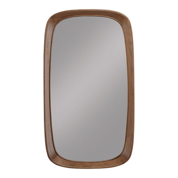 Wooden-framed rectangular mirror in natural brown tones with a smooth, minimalist design. 