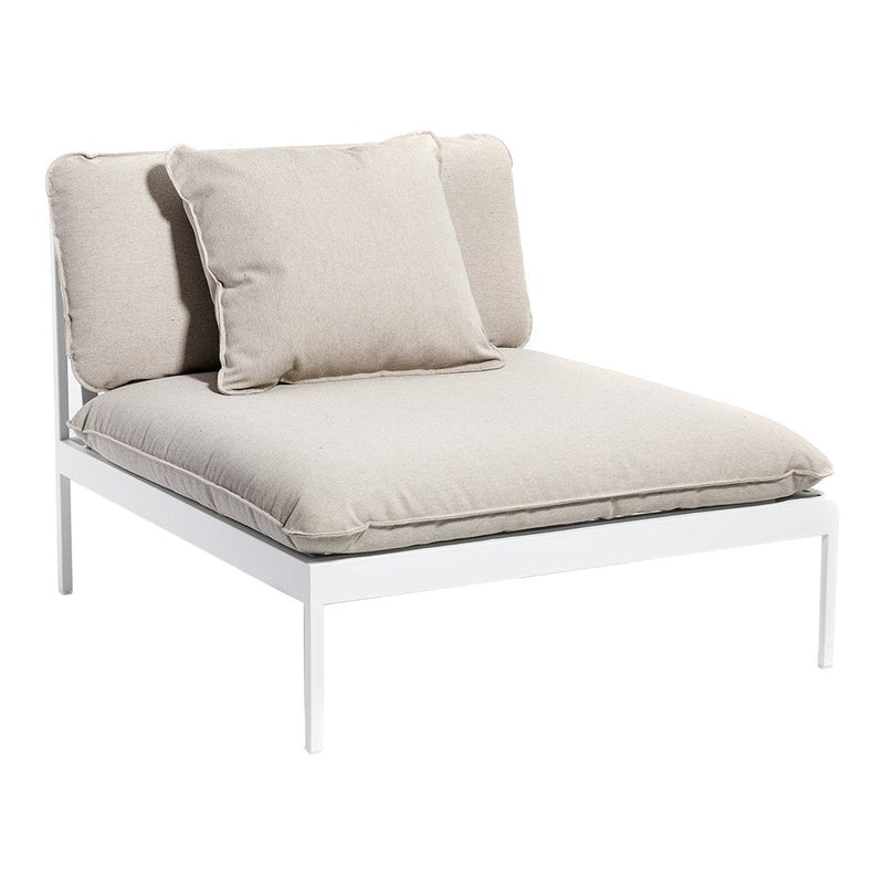 Light beige cushions on a sleek white frame, creating a modern, minimalist lounge chair design.