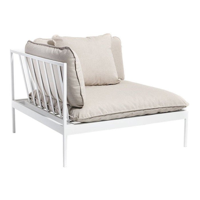 White metal frame lounge chair with cream and taupe cushions, featuring a modern, minimalist design and soft textures.