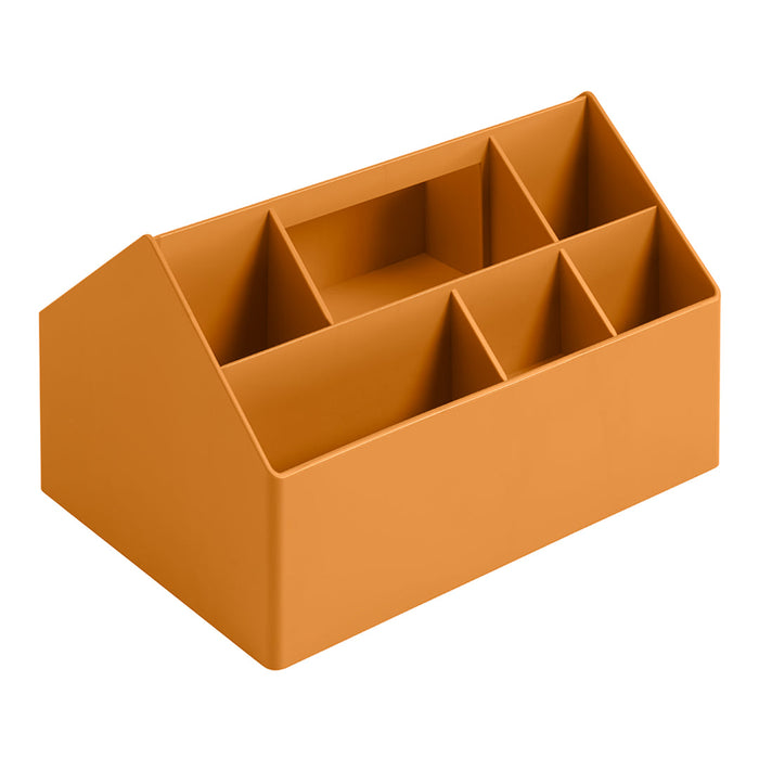 Terracotta orange organizer with multiple compartments, featuring a sleek, modern design and smooth surface.