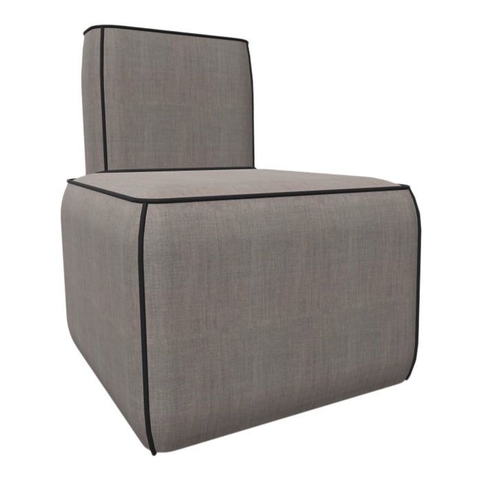Gray fabric chair with subtle texture and contrasting black trim. Perfect for modern decor.