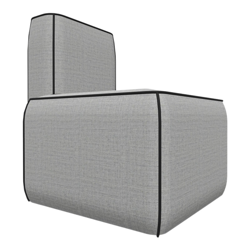 Gray upholstered chair with a subtle texture and contrasting black piping details.