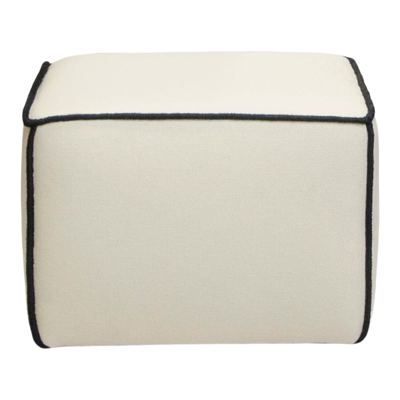 Cream-colored pouf with a contrasting black border, featuring a sleek and modern design.