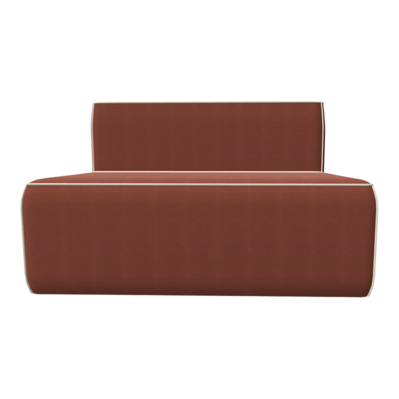 Cozy brown sofa with a smooth texture and contrasting white piping detail, perfect for any modern living space.