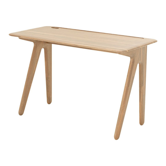 Light oak wood desk with a smooth surface and minimalist design, featuring clean lines and tapered legs.