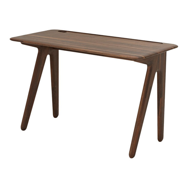 Dark wood desk featuring a sleek, minimalist design with tapered legs and natural grain patterns. Perfect for any space.