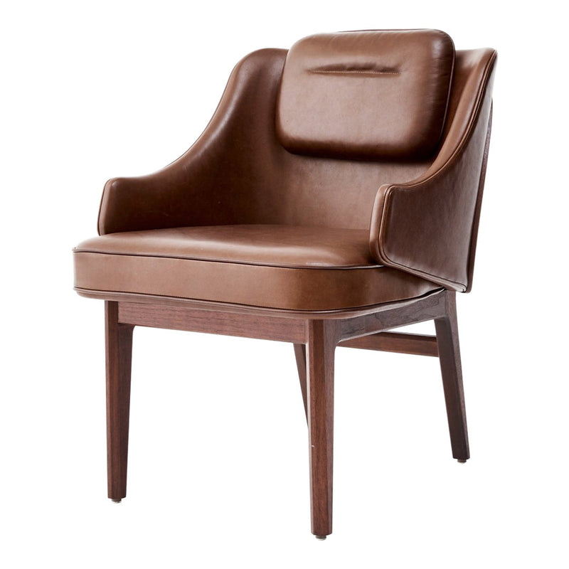 Brown leather armchair with smooth, minimalist design and rich wood accents. Perfect for modern interiors.
