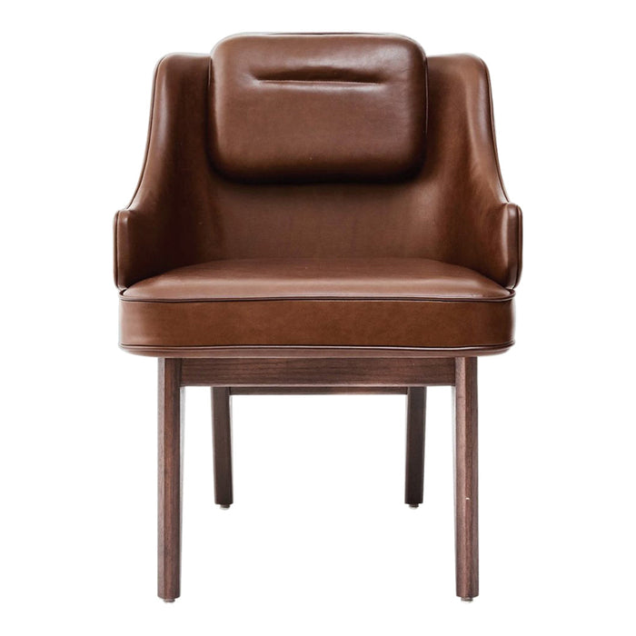 Brown leather armchair with a smooth finish and minimalist design, featuring solid wooden legs.