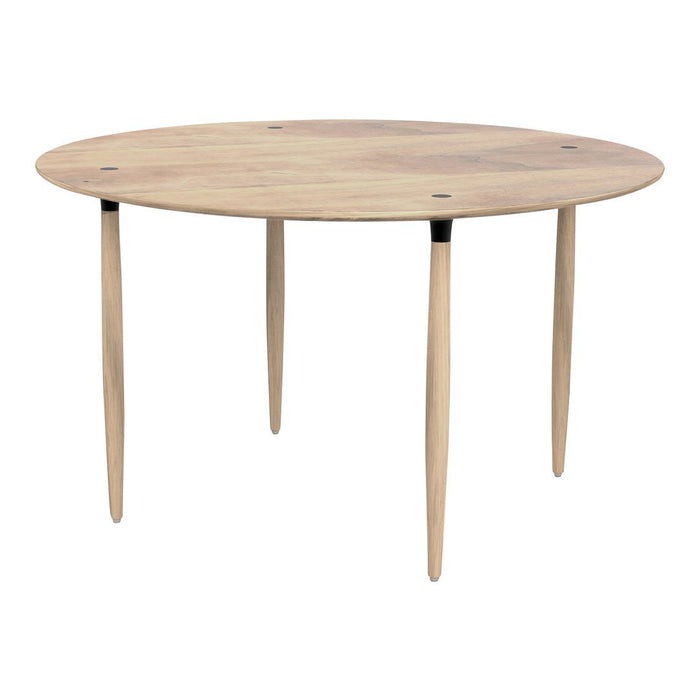 Round wooden table with a natural wood finish and light tan tones, featuring simple, sleek leg design.