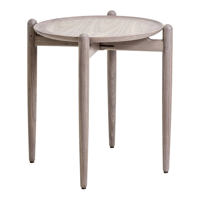 Light beige round side table with a natural wood grain finish and sleek, minimalist design.