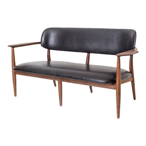 Mid-century modern sofa featuring a sleek black leather seat and rich walnut wood frame. Perfect contrast of colors.