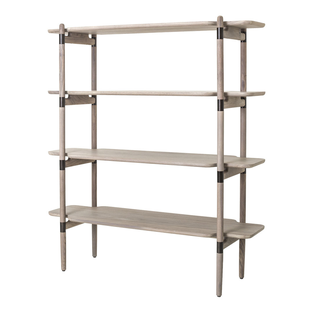 Light gray wooden shelving unit with smooth surfaces and natural wood grain patterns. Modern and minimalist design.