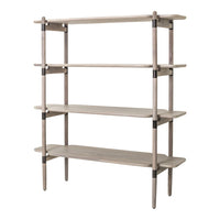 Light gray wooden shelving unit with smooth surfaces and natural wood grain patterns. Modern and minimalist design.