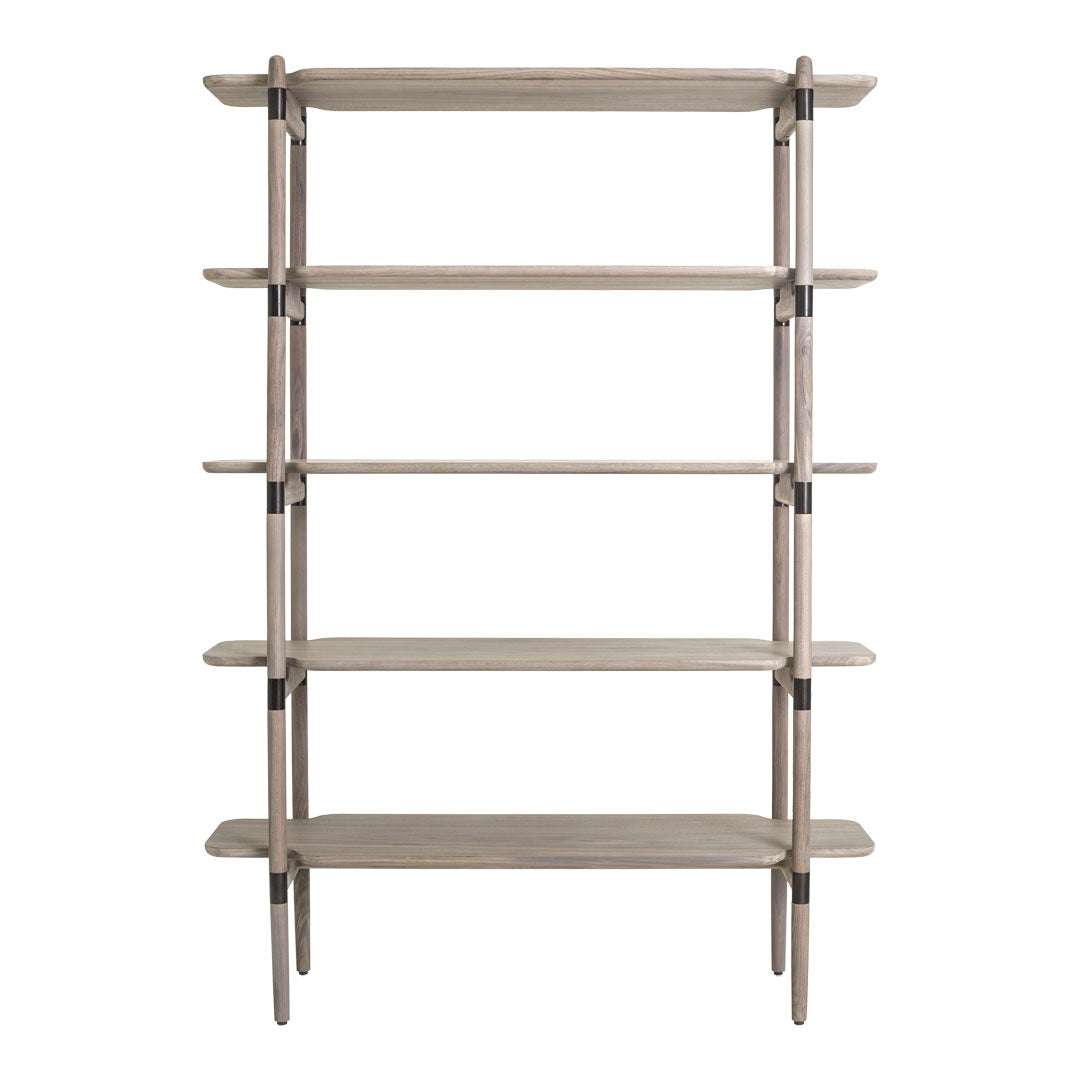 Wooden bookshelf in a light, natural finish with smooth, minimalist lines and evenly spaced shelves.