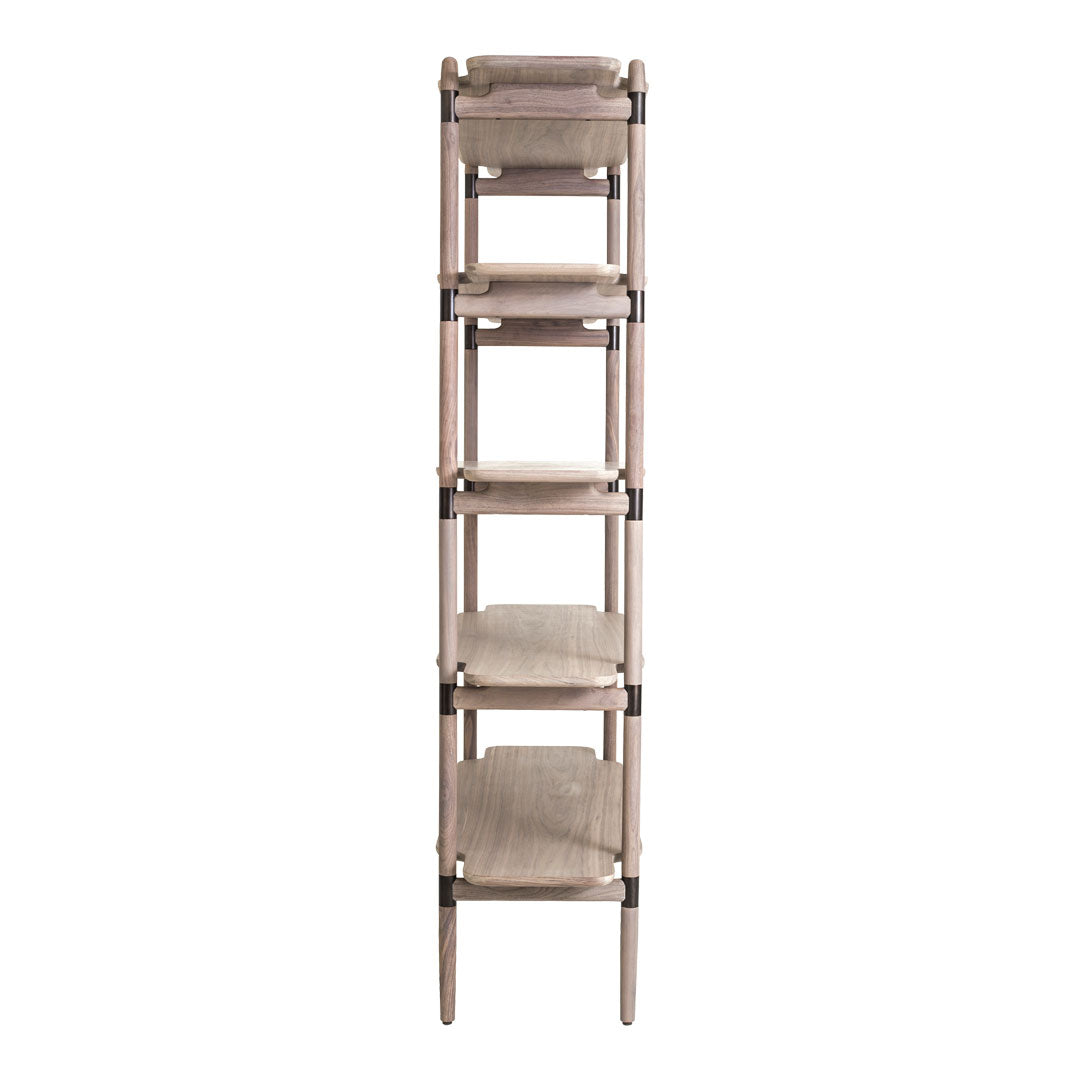 Tall, minimalist wooden shelf with a natural finish and soft beige fabric shelves, perfect for contemporary decor.