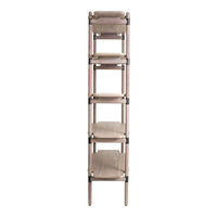 Tall, minimalist wooden shelf with a natural finish and soft beige fabric shelves, perfect for contemporary decor.