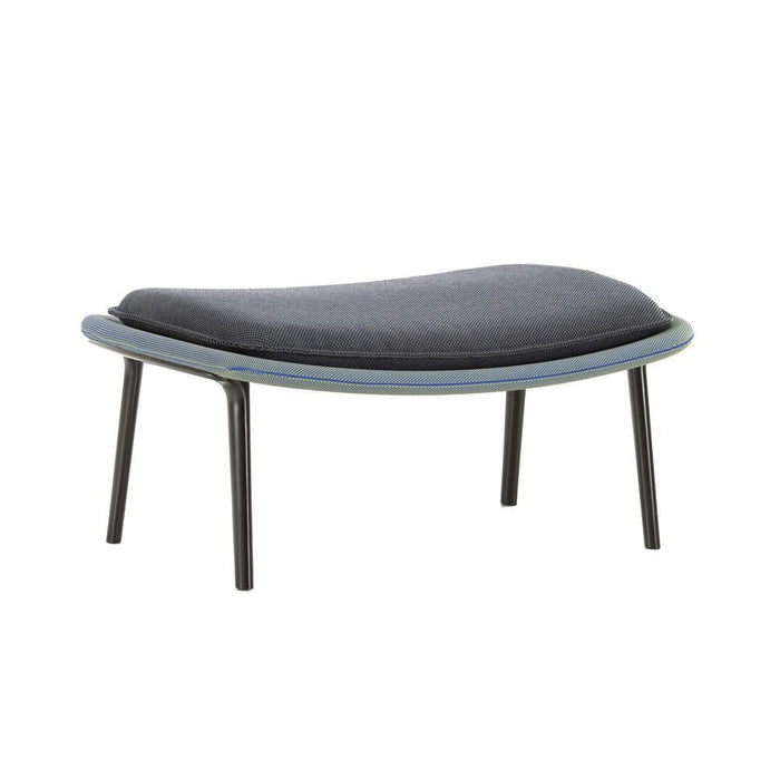 Curved ottoman with a smooth black cushion and a light blue frame, featuring sleek black legs. Modern design.