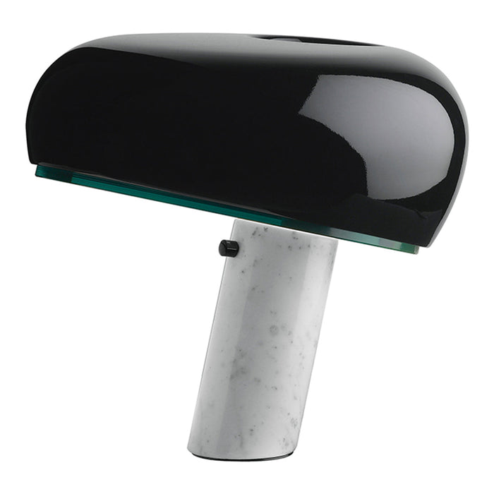 Glossy black lamp with a smooth marble base, featuring a sleek, minimalist design and glass accent.