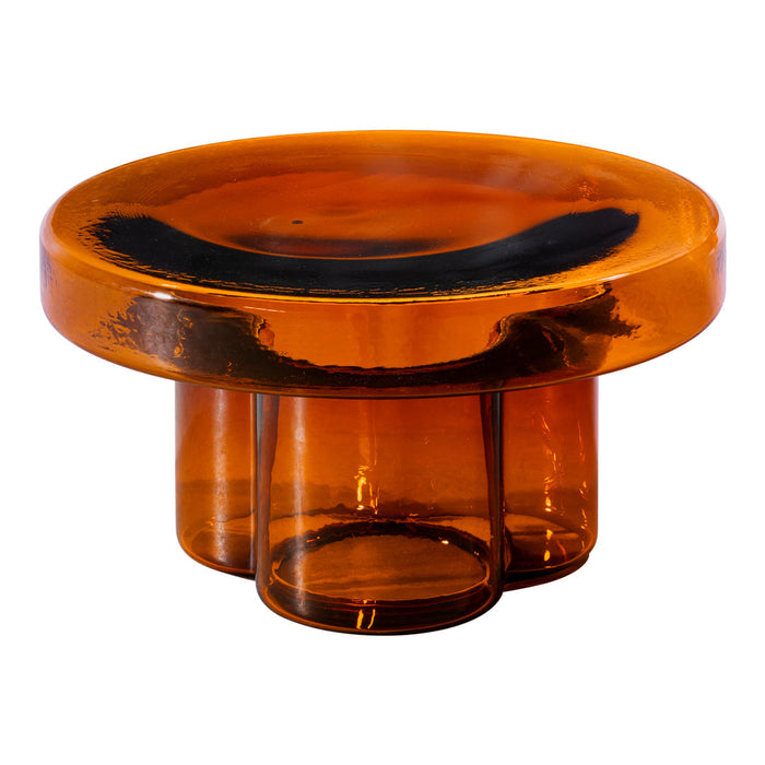Amber glass bowl with a smooth, round shape and subtle black accents, featuring a modern design. Ideal for decor or storage.