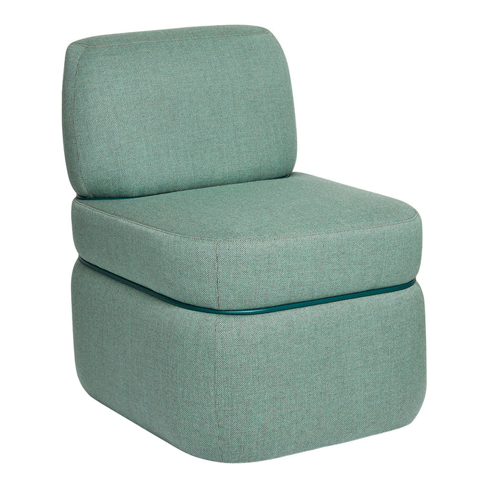 Light teal upholstered chair with a smooth texture and subtle woven pattern. Ideal for modern spaces.