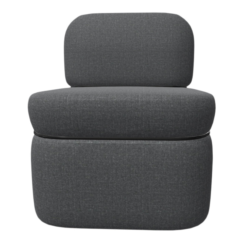Gray upholstered chair featuring a soft, textured fabric and modern minimalist design. Ideal for contemporary spaces.