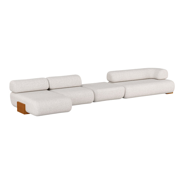 Light gray modern sofa with rounded cushions and wooden accents, featuring a soft, textured fabric pattern.