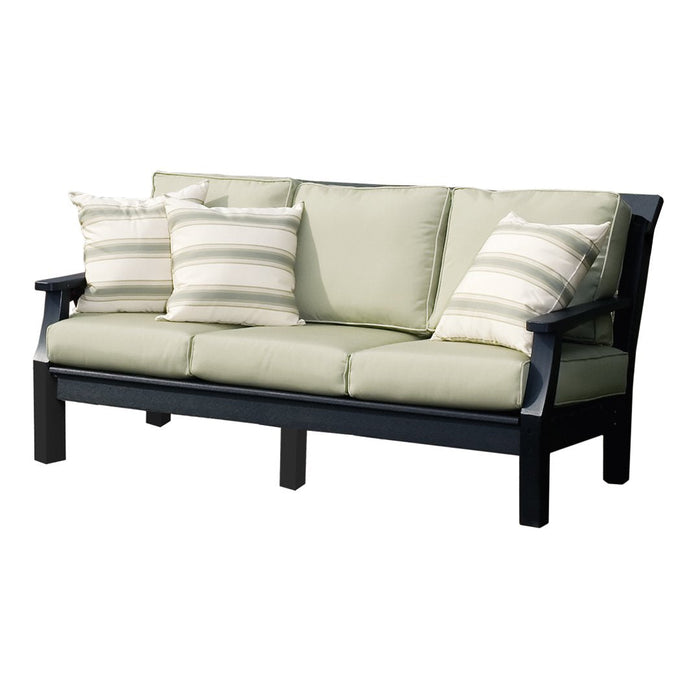 Light green outdoor sofa with dark wood frame and striped, neutral-toned cushions for a stylish look.