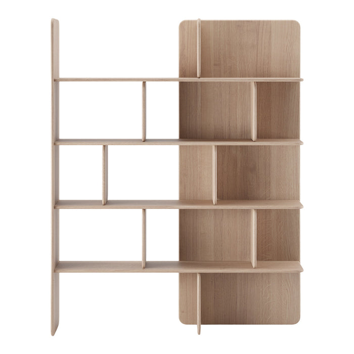 Light oak wood bookshelf featuring a minimalistic design with open shelving and natural grain patterns.