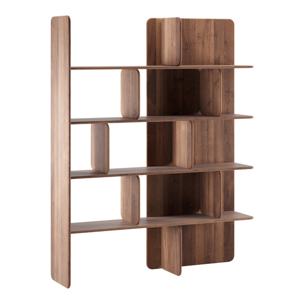 "Modern wooden bookshelf in rich brown tones, featuring a geometric pattern with open and closed spaces."
