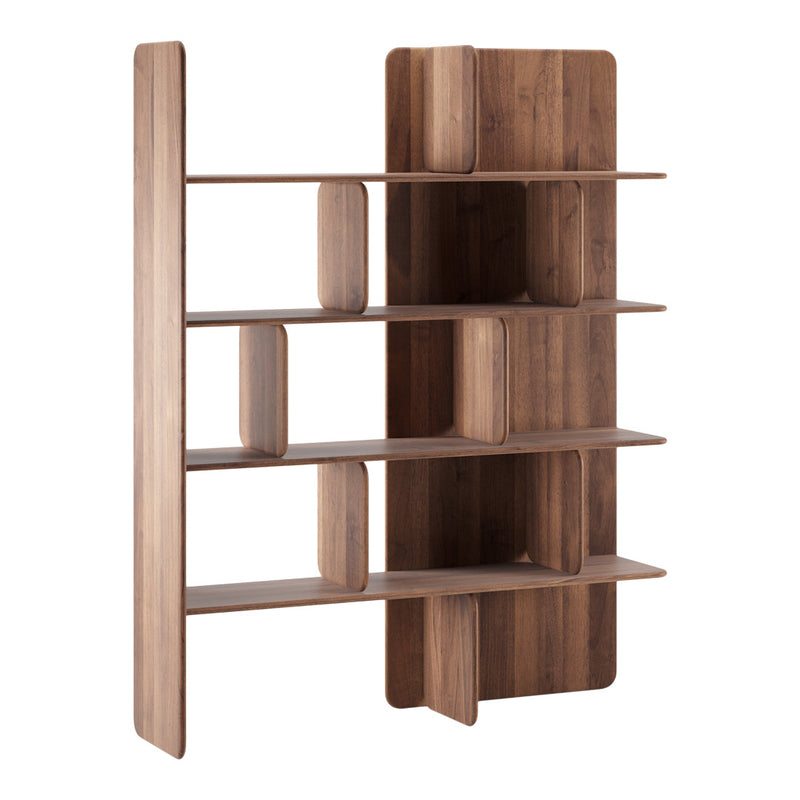 "Modern wooden bookshelf in rich brown tones, featuring a geometric pattern with open and closed spaces."