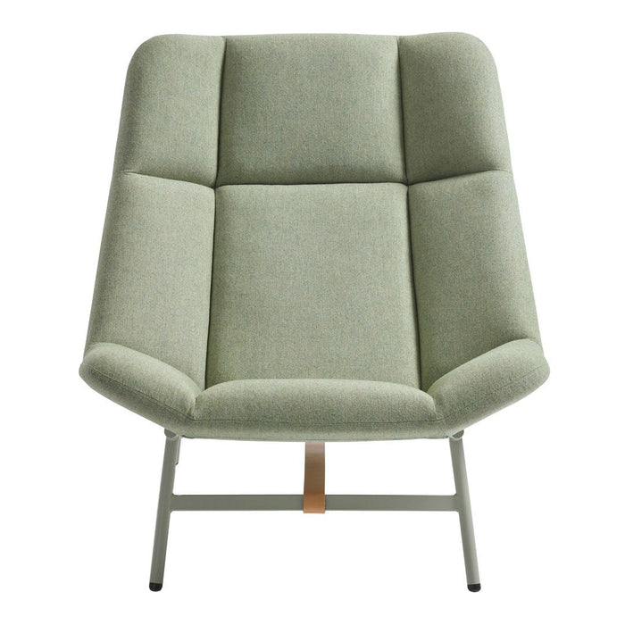 Light green upholstered chair with clean lines and a subtle textured pattern, set on a sleek metal frame.