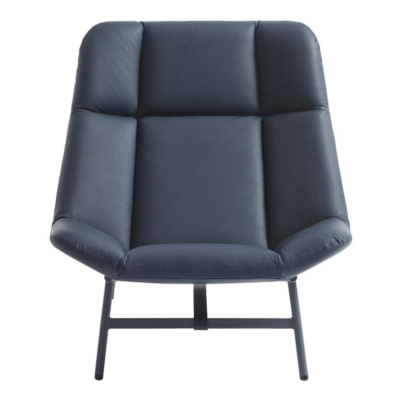 Stylish dark blue leather lounge chair with a modern quilted pattern and sleek black metal legs.