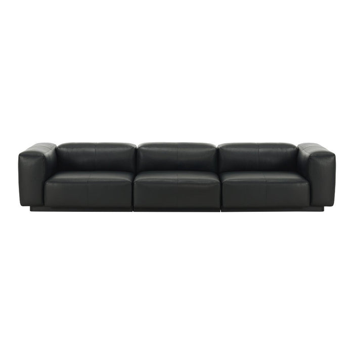 Black leather sofa with smooth texture and minimalist design, featuring a solid color without patterns.