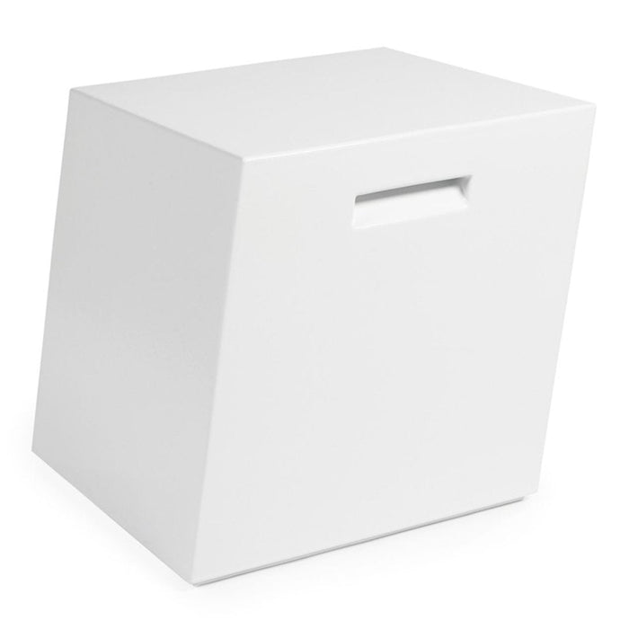 "Modern white storage cube with sleek, minimalist design and cut-out handle for easy access."