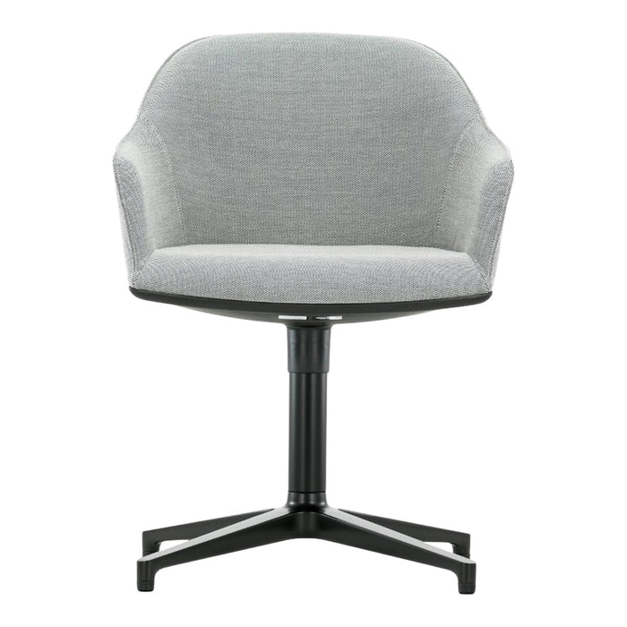 Gray upholstered chair with a sleek black metal base, featuring a smooth, modern design and clean lines.
