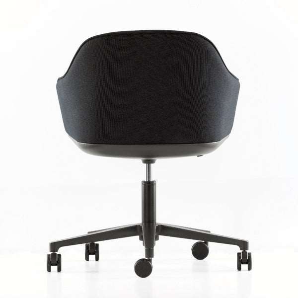 Black ergonomic office chair with a smooth, textured fabric and modern design on a rolling base.