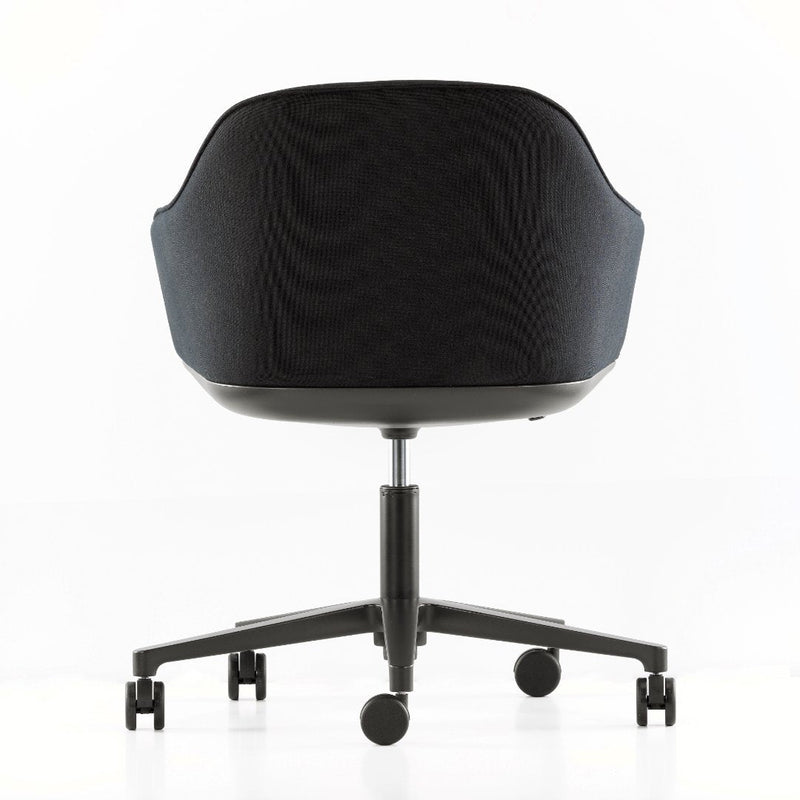 Black ergonomic office chair with a smooth, textured fabric and modern design on a rolling base.