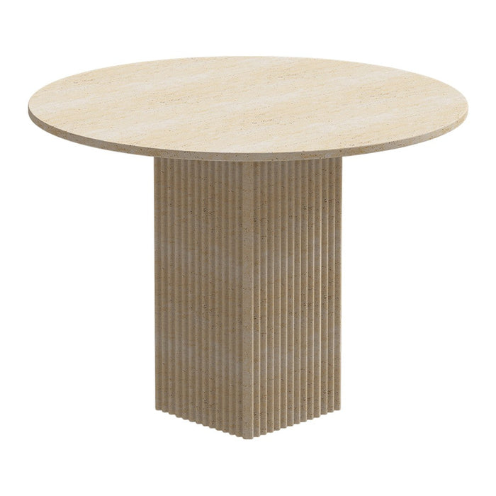 Round table featuring a natural wood finish with a ribbed base design. Light beige tones create a subtle, elegant look.