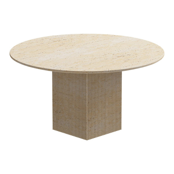 Round beige marble table with a textured base featuring subtle patterns for a modern look. Perfect for any decor.