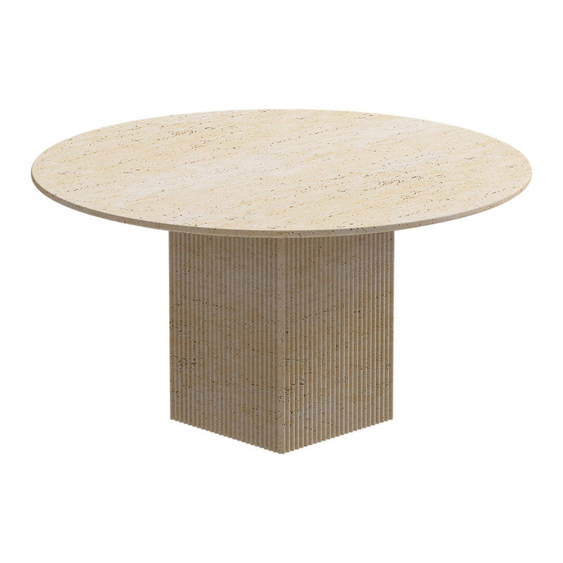 Round beige marble table with a textured base featuring subtle patterns for a modern look. Perfect for any decor.
