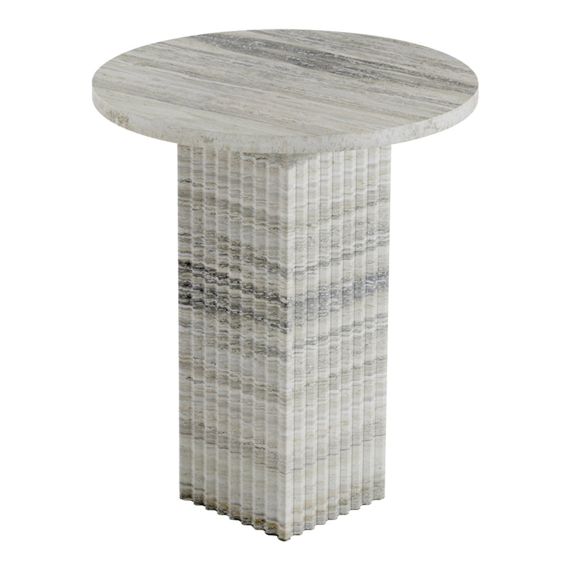 Round marble side table with a gray and white striped pattern, featuring a textured geometric base.