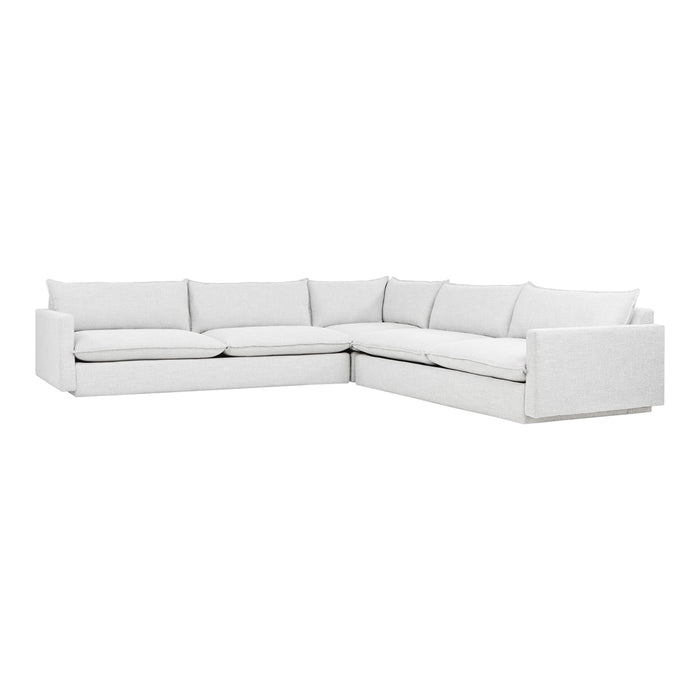 Light gray, minimalist sectional sofa with soft fabric and no visible patterns, perfect for modern living spaces.