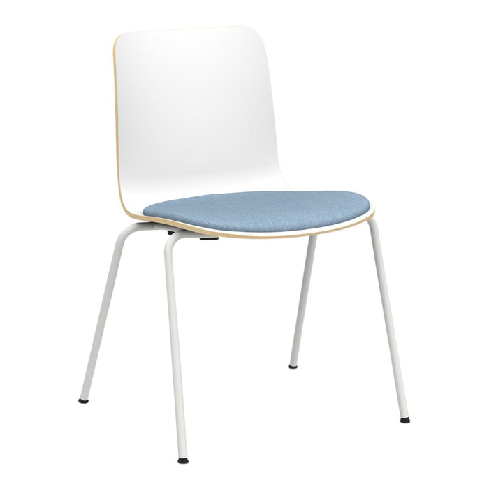 White chair with a light blue padded seat and sleek, minimalistic design. Ideal for modern interiors.