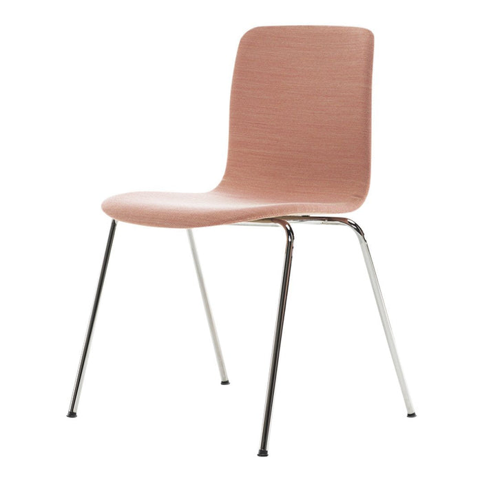 Pink wood-finish chair with sleek chrome legs, featuring a smooth, minimalist design. Ideal for modern decor.