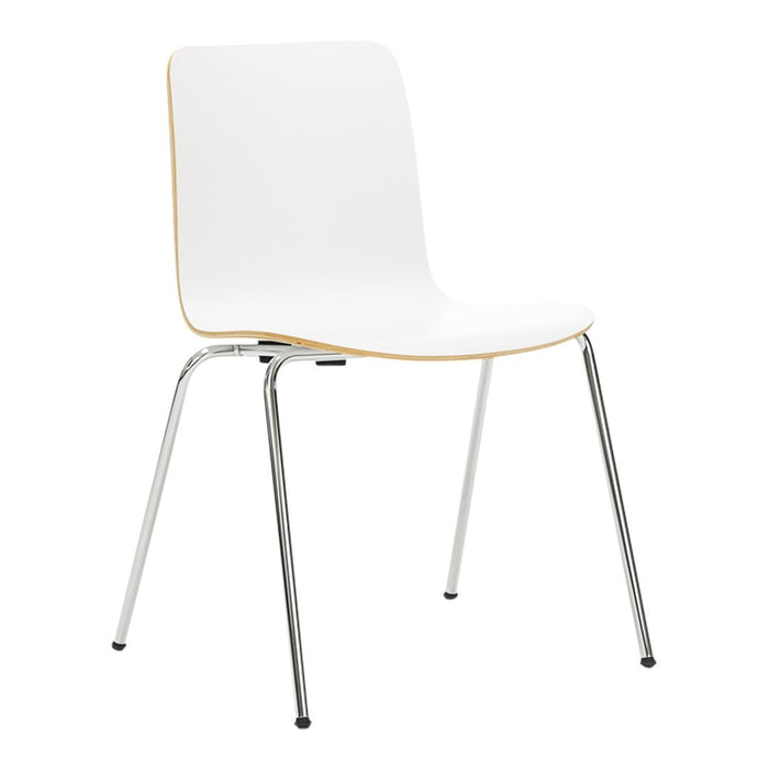 Minimalist white chair with natural wood accents and sleek chrome legs, perfect for modern decor.