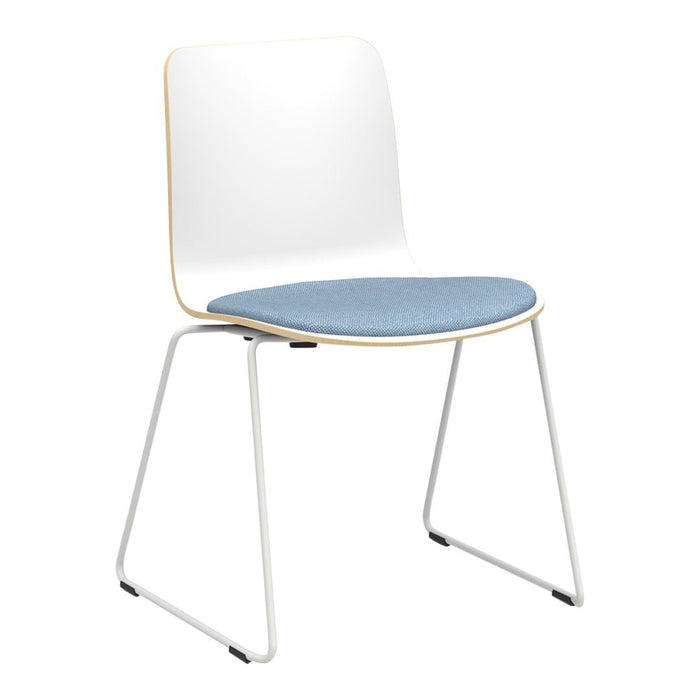 White chair with a light blue cushioned seat and a minimalist design, featuring sleek metal legs.